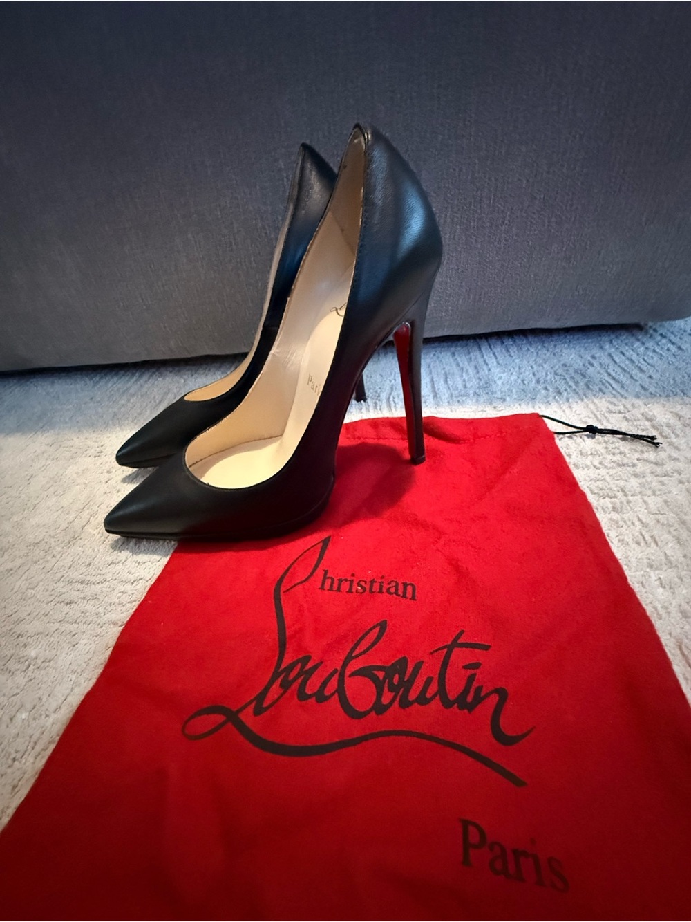 Christian Louboutin Black Leather Pointed Toe Pumps with Red Soles - Picture 3 of 4